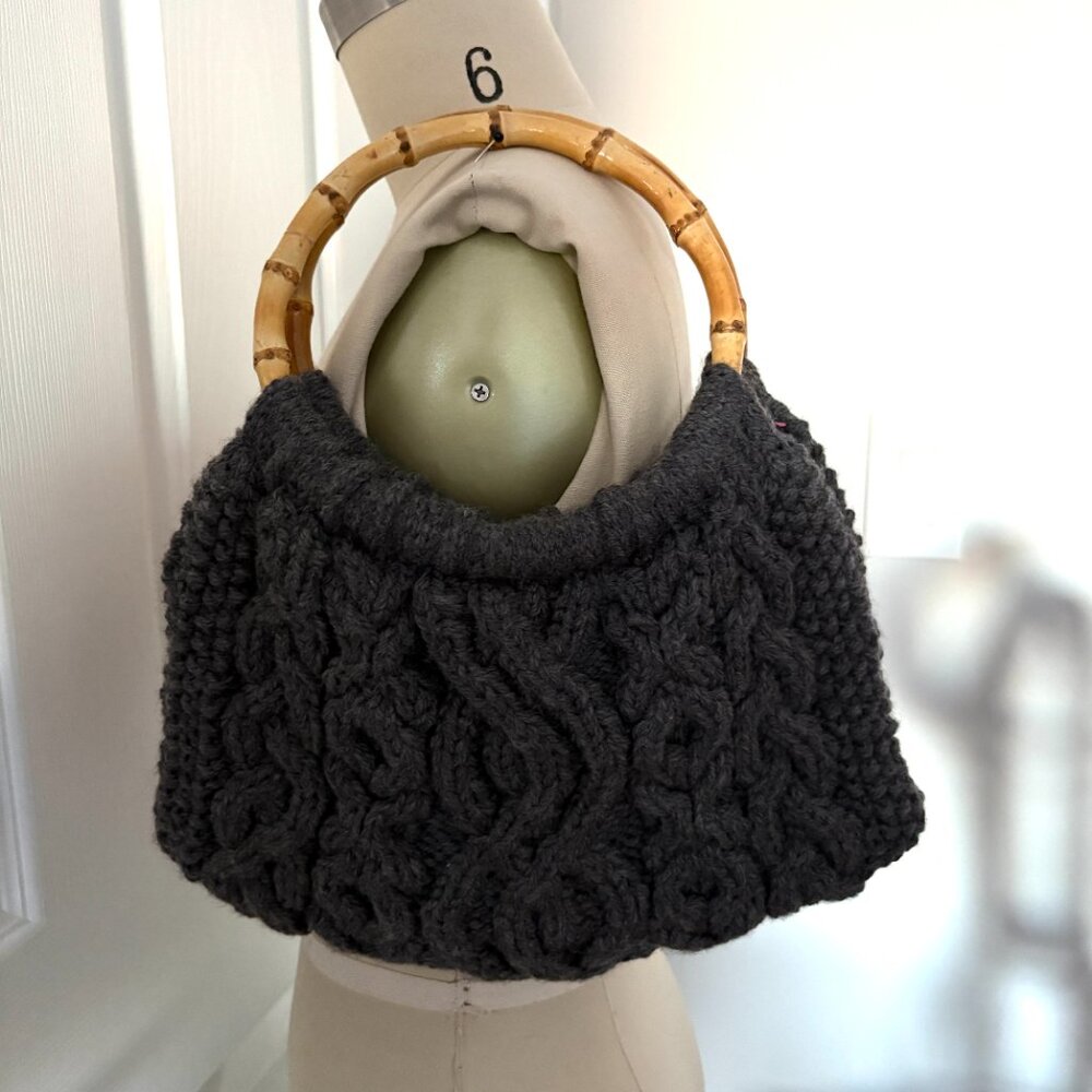 Knit Sweater Bag Grey Bamboo Handles Handbag Cable Knit Purse Grandmacore